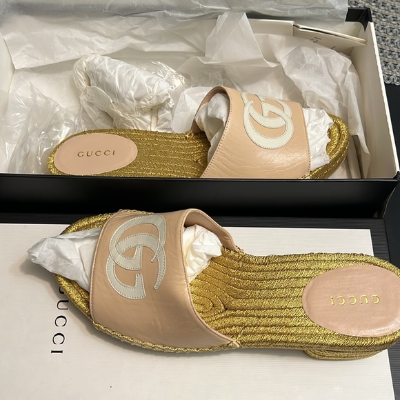 Gucci GG Espadrille Slide Sandals Pink & Gold EU 37,5  Block Heel Logo Emerald